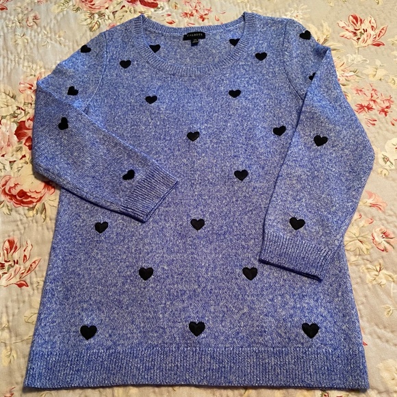 NWOT Talbots Cotton Sweater, XS, Marled Blue/White, Embroidered Hearts - Picture 2 of 5